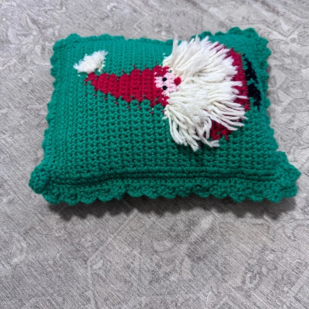 Vintage Green and Red Santa Crochet Pillow Christmas Holiday Decor